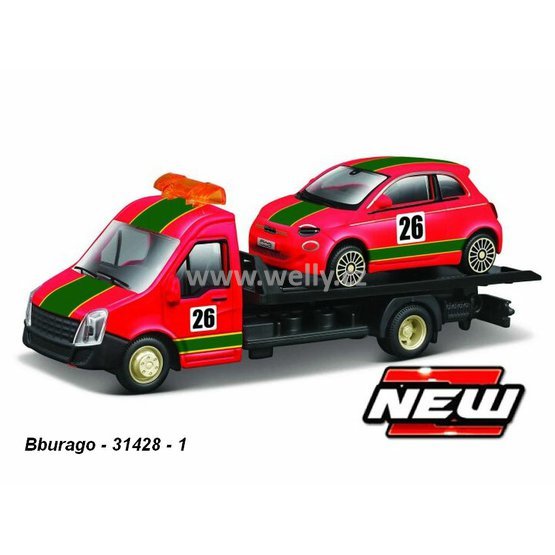 Bburago 1:43 Car Hauler +Fiat 500e #26 (red/green) - code Bburago 31428