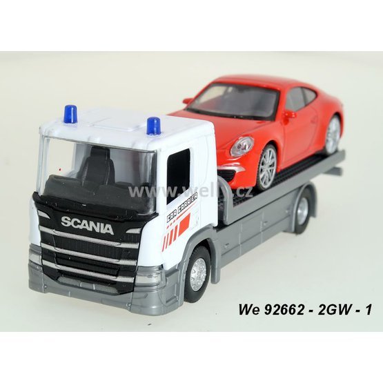 Welly 1:57/43 Scania P320 (white) + Porsche 911 (red) - code Welly 92662-2GW, modely
