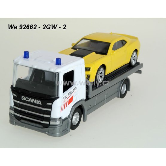 Welly 1:57/43 Scania P320 (white) + Chevrolet Camaro (yellow) - code Welly 92662-2GW