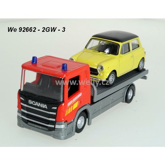 Welly 1:57/43 Scania P320 (red) + Mini Cooper (yellow) - code Welly 92662-2GW