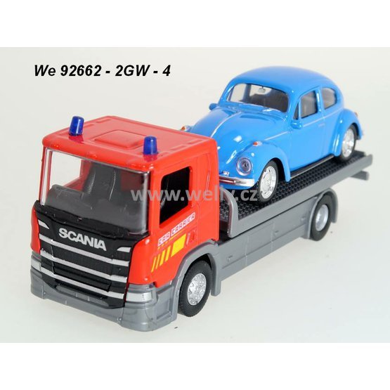 Welly 1:57/43 Scania P320 (red) + VW Beetle (blue) - code Welly 92662-2GW